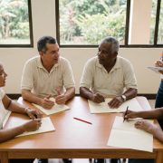 Grupo pequeño de adultos conversando en clase en una academia de inglés en El Salvador