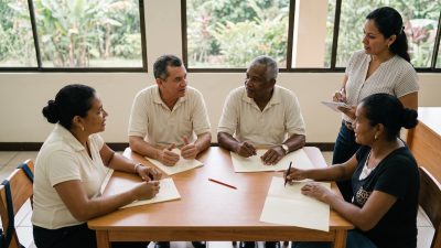Grupo pequeño de adultos conversando en clase en una academia de inglés en El Salvador