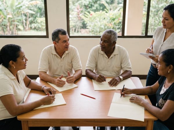 Grupo pequeño de adultos conversando en clase en una academia de inglés en El Salvador