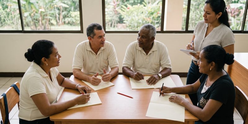 Grupo pequeño de adultos conversando en clase en una academia de inglés en El Salvador