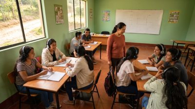 Jóvenes guatemaltecos en un aula estudian con becas de inglés del Probefi
