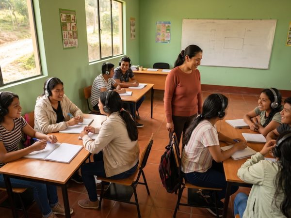 Jóvenes guatemaltecos en un aula estudian con becas de inglés del Probefi