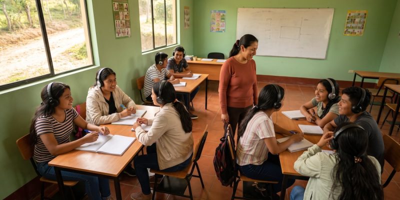 Jóvenes guatemaltecos en un aula estudian con becas de inglés del Probefi