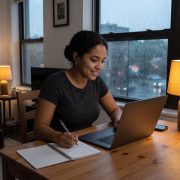 Mujer joven practica cómo aprender inglés con ChatGPT en su laptop desde la mesa de su casa