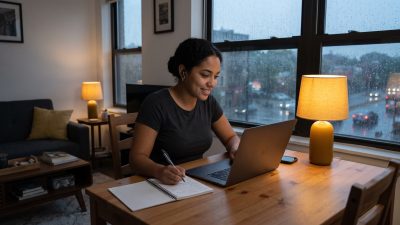 Mujer joven practica cómo aprender inglés con ChatGPT en su laptop desde la mesa de su casa