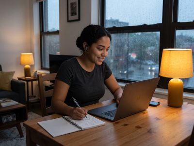 Mujer joven practica cómo aprender inglés con ChatGPT en su laptop desde la mesa de su casa