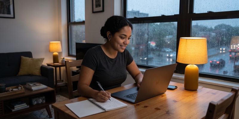 Mujer joven practica cómo aprender inglés con ChatGPT en su laptop desde la mesa de su casa