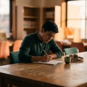 Joven hispanohablante practica escritura para aprender japonés en su cuaderno