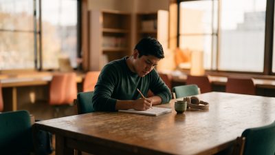 Joven hispanohablante practica escritura para aprender japonés en su cuaderno