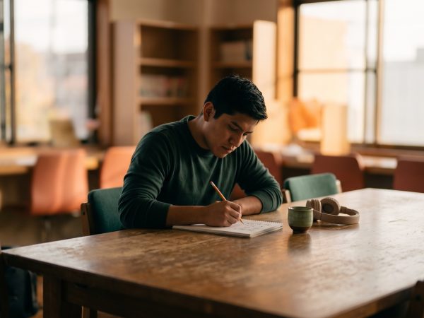 Joven hispanohablante practica escritura para aprender japonés en su cuaderno