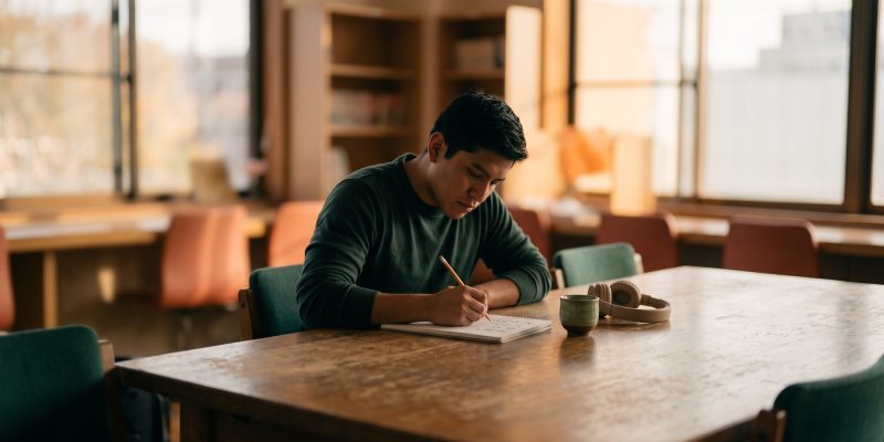 Joven hispanohablante practica escritura para aprender japonés en su cuaderno