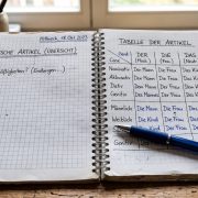 Cuaderno con tabla de artículos en alemán der, die y das escrita a mano