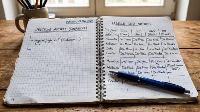 Cuaderno con tabla de artículos en alemán der, die y das escrita a mano