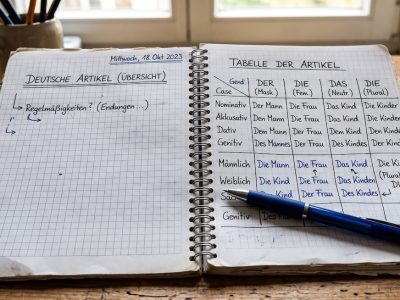 Cuaderno con tabla de artículos en alemán der, die y das escrita a mano