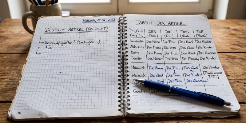 Cuaderno con tabla de artículos en alemán der, die y das escrita a mano