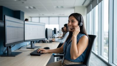 Agente bilingüe con diadema atendiendo una llamada en un call center en Guatemala