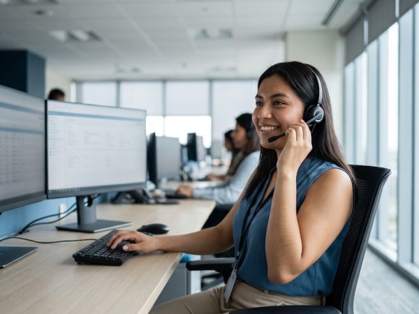 Agente bilingüe con diadema atendiendo una llamada en un call center en Guatemala