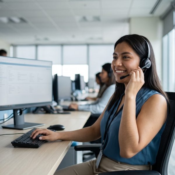 Agente bilingüe con diadema atendiendo una llamada en un call center en Guatemala
