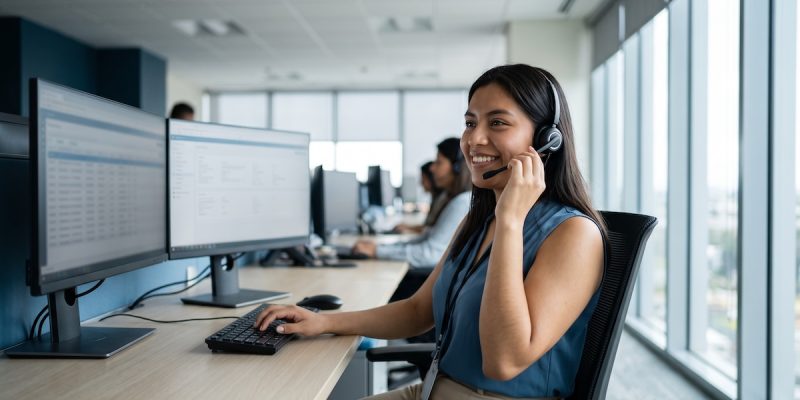 Agente bilingüe con diadema atendiendo una llamada en un call center en Guatemala