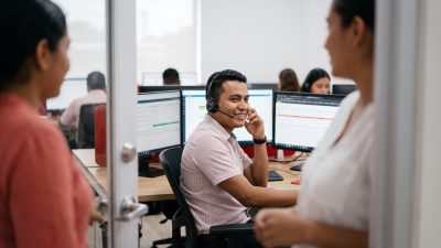 Agente bilingüe con diadema trabajando en un call center en Nicaragua