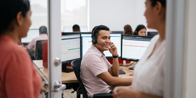 Agente bilingüe con diadema trabajando en un call center en Nicaragua