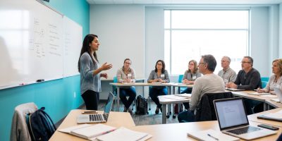 Grupo pequeño de alumnos de distintas edades en clases de inglés para adultos con una profesora