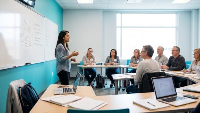 Grupo pequeño de alumnos de distintas edades en clases de inglés para adultos con una profesora