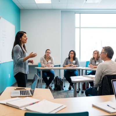 Grupo pequeño de alumnos de distintas edades en clases de inglés para adultos con una profesora