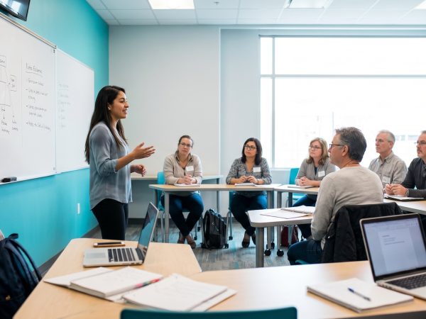 Grupo pequeño de alumnos de distintas edades en clases de inglés para adultos con una profesora