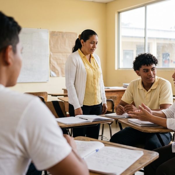 Estudiantes adultos en un curso de inglés gratis en Honduras durante una clase presencial