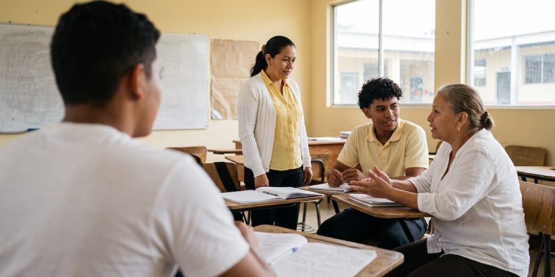 Estudiantes adultos en un curso de inglés gratis en Honduras durante una clase presencial