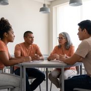 Estudiantes adultos practicando conversación en un curso intensivo de inglés con clases en vivo