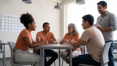 Estudiantes adultos practicando conversación en un curso intensivo de inglés con clases en vivo