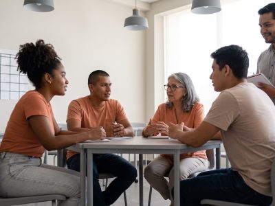 Estudiantes adultos practicando conversación en un curso intensivo de inglés con clases en vivo
