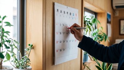 Calendario de pared con los días de la semana en japonés escritos en kanji del lunes al domingo