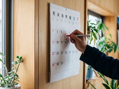 Calendario de pared con los días de la semana en japonés escritos en kanji del lunes al domingo