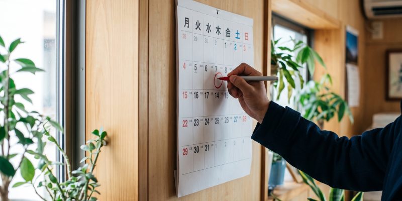 Calendario de pared con los días de la semana en japonés escritos en kanji del lunes al domingo