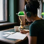 Estudiante latinoamericana preparando el examen JLPT con hojas de práctica de hiragana y kanji
