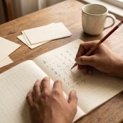 Cuaderno con tablas de hiragana y katakana escritas a mano por un estudiante