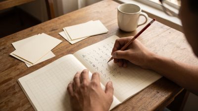 Cuaderno con tablas de hiragana y katakana escritas a mano por un estudiante