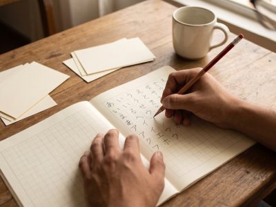 Cuaderno con tablas de hiragana y katakana escritas a mano por un estudiante