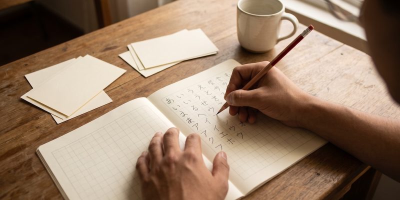 Cuaderno con tablas de hiragana y katakana escritas a mano por un estudiante