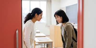 Dos personas se saludan con una reverencia al decir hola en japonés