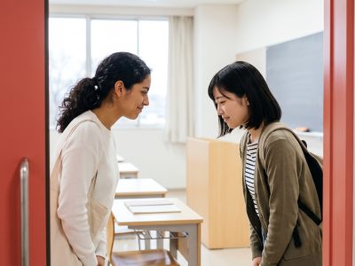 Dos personas se saludan con una reverencia al decir hola en japonés