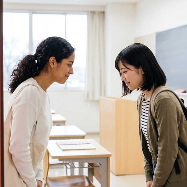 Dos personas se saludan con una reverencia al decir hola en japonés
