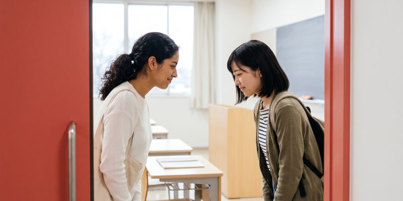 Dos personas se saludan con una reverencia al decir hola en japonés