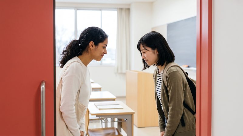 Dos personas se saludan con una reverencia al decir hola en japonés