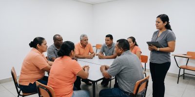 Grupo pequeño de adultos practicando inglés conversacional en una clase en Costa Rica