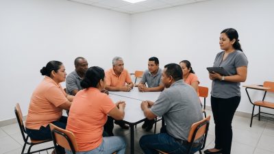 Grupo pequeño de adultos practicando inglés conversacional en una clase en Costa Rica