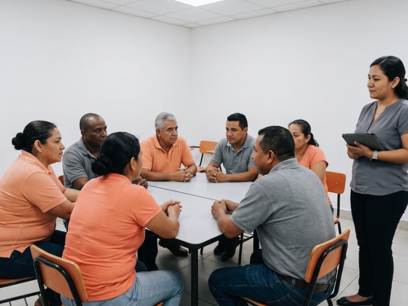 Grupo pequeño de adultos practicando inglés conversacional en una clase en Costa Rica